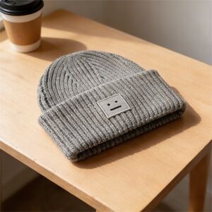 Acne Studios Grey Ribbed Knit Beanie with Face Patch